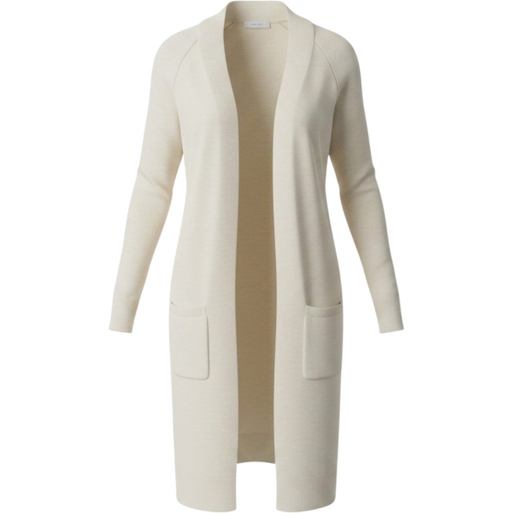 A New Day Cardigan Sweater Longline Duster XS Beige Cream Open Front Pocket Wool